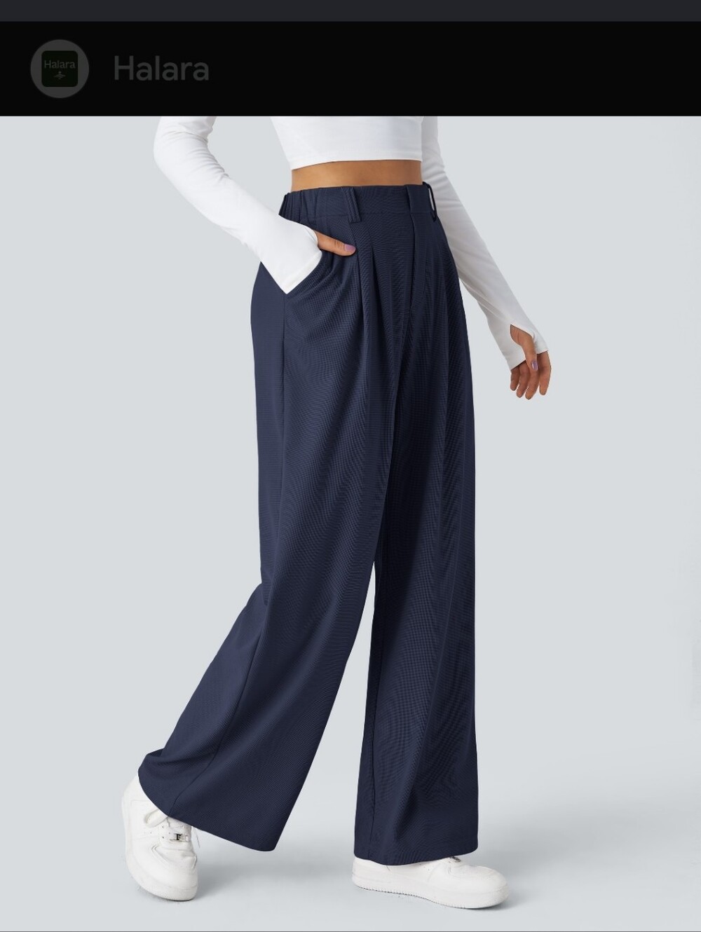 HALARA Navy Wide-Leg High-Rise Trousers